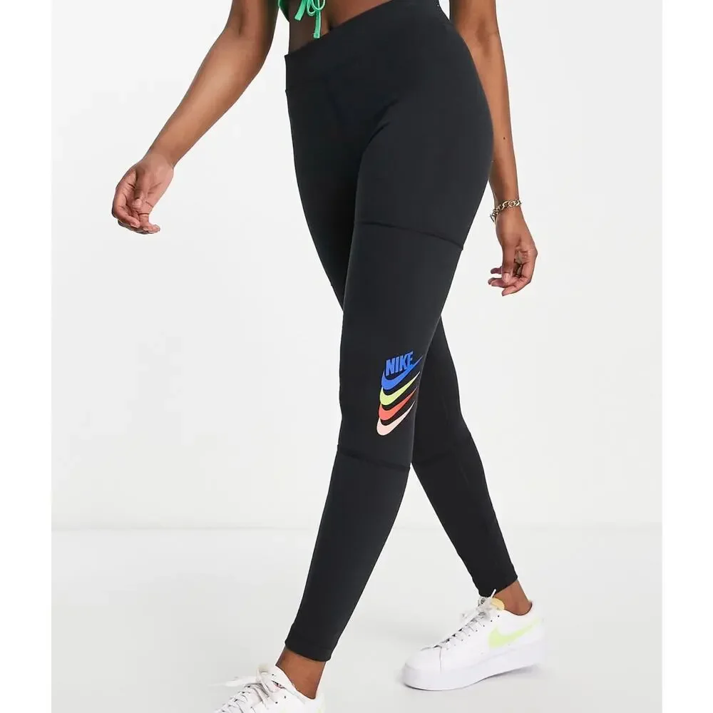 NIKE | GIRLS | BLACK LEGGINGS W/ COLORFUL  KNEE  LOGO | LARGE